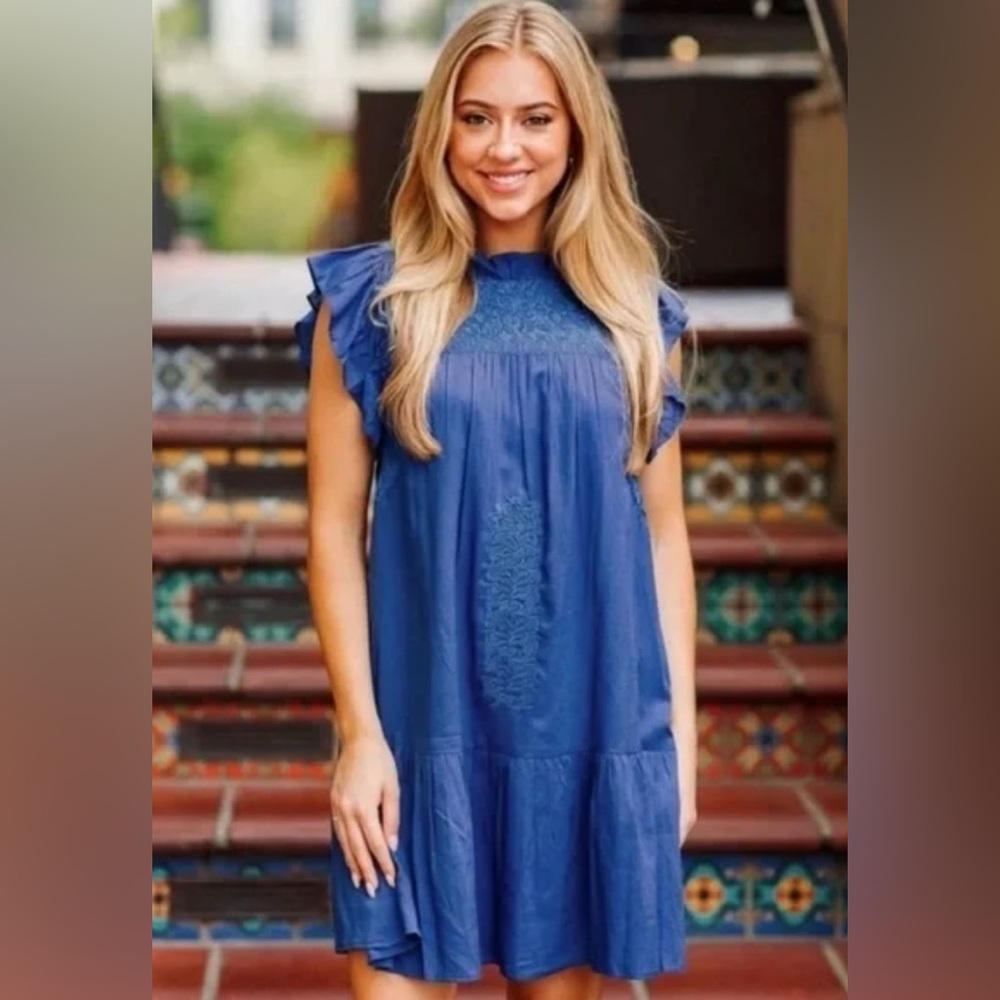 J.Marie Paxton Embroidered Ruffle Neck Flutter Sleeves Blue Mini Dress Medium